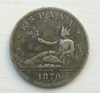 1870 Spain 2 Pesetas Silver Coin (post - Overthrow Provisional Government)