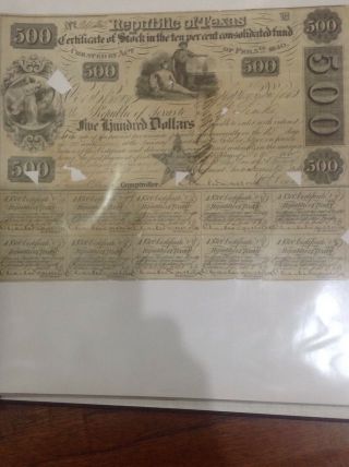$500 Republic Of Texas Bond 1840