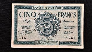 1942 Algeria 5 Francs Banknote,  World War Ii,  16 - 11 - 1942 Issue Date,  Pick 91