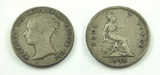 1845 United Kingdom / Great Britain Fourpence.  925 Silver Coin - Queen Victoria