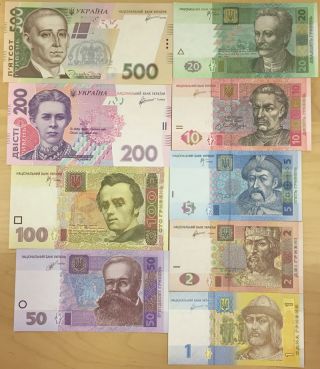 Ukraine Banknote Complete Full Set 1 - 2 - 5 - 10 - 20 - 50 - 100 - 200 - 500 Hryven 2005 - 14 Unc