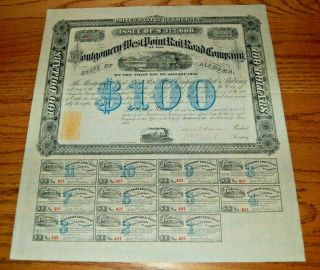 Us $100 Bond,  Montgomery West Point Railroad Co. ,  June 1,  1867 - Vg