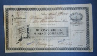 1895 Murray Creek Mining Co.  Stock Certificate El Dorado District Calaveras Co.