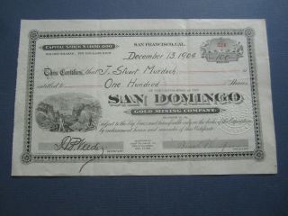 Old 1904 San Domingo Gold Mining Co.  Stock Certificate - Calaveras Co.  - Ca.