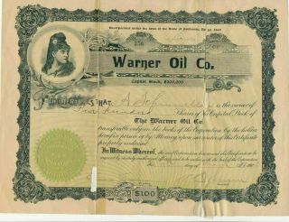 Warner Oil Co.  1905 Capitol Stock Certificate 500 Shares Signed By President