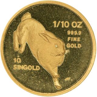 1987 1/10th Oz.  Rabbit Singapore Gold Coin In Proof,  10 Singold Coin