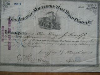 1877 Jersey Southern Railroad Stock Certificate 20 Shares Signed