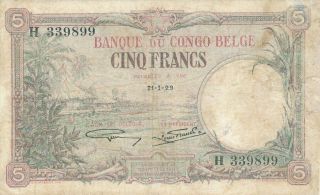 Banque Du Congo Belge Belgian Congo 5 Francs 1929 S/no 339x99 Good Vf