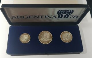 1977 Argentina Silver 1000 - 2000 - 3000 Pesos,  Football World Cup,  In Case,  Proof