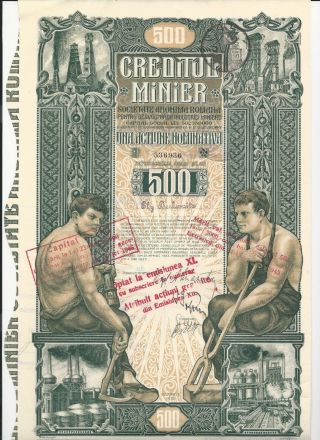 Romania.  Mining Credit Company Bond.  500 Lei,  1923.  With Coupons.