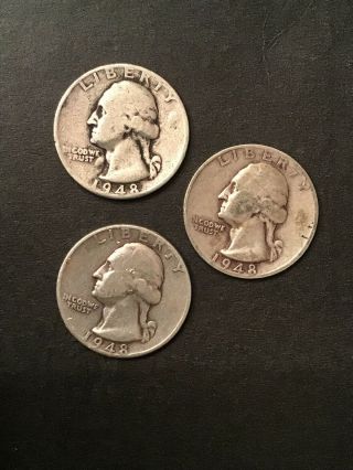 1948 P,  D,  S Washington Quarters Silver Coins