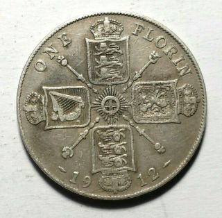 1912 Florin - Great Britain,  92.  5 Silver | 28.  3mm 11g,  Vf,