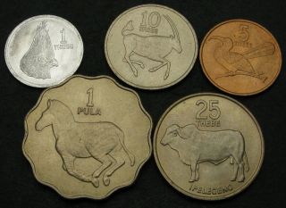Botswana 1,  5,  10,  25 Thebe 1976 & 1 Pula 1976 - 5 Coins.  - 2705