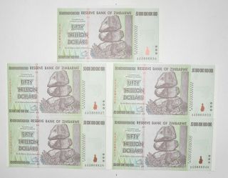 5 Consecutive 50 Trillion Dollar Zimbabwe Uncirculated Notes 2008 Authentic 338