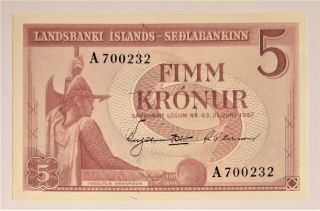 Iceland - 5 Kronur - 1957 - Pick 37a - Buff Paper/first Printing - S/n A 700232,  Unc.