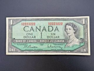 1954 $1 Dollar Bank Of Canada Banknote D/z2223222 Radar Note Two Digit Vf Grade