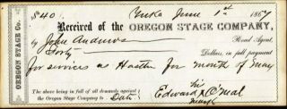 Received Of Oregon State Co. ,  1867 Stage Coach Related Receipt