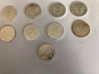8 American Eagle Silver Dollars And One Buffalo Indian 1 Oz.  999