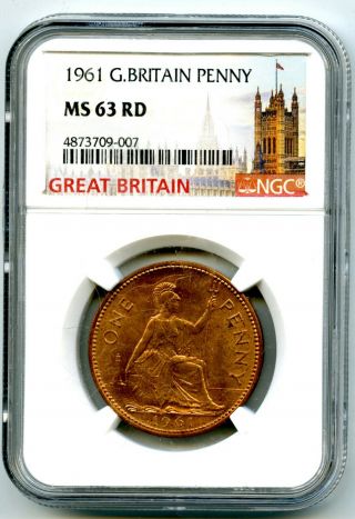 1961 Great Britain Britannia Large Copper Penny Ngc Ms63 Rd Low Mintage