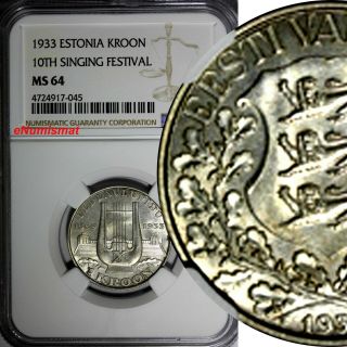 Estonia Silver 1933 1 Kroon Ngc Ms64 10th Singing Festival Mintage - 350,  000 Km 14