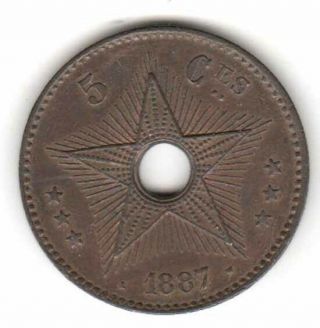 1887 Congo State 5 Centimes,  Almost Uncirculated/uncirculated