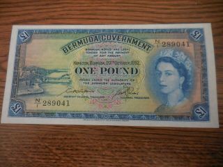 Bermuda 1 Pound Note Vf 1952 Queen Elizabeth N/1 289041