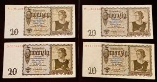 Germany,  20 Reichsmark,  1939,  1939 - 06 - 16,  Km 185,  4 Different Letters