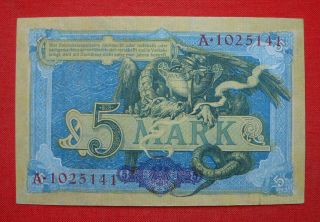 5 Mark Reichsbanknote from German Land 1904,  in UNC 2