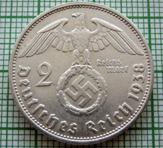 Germany Third Reich 1938 B 2 Reichsmark Hindenburg Swastika Silver