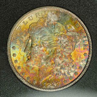 1883 - CC Morgan Silver Dollar GSA Very Choice BU Vibrant Rainbow Toning 2