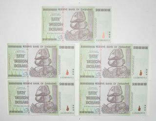 5 Consecutive 50 Trillion Dollar Zimbabwe Uncirculated Notes 2008 Authentic 349