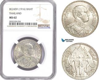 Ae190,  Thailand,  Rama Vi,  1 Baht Be2459 (1916) Silver,  Ngc Ms62