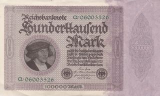 German Rare 100 000 Mark Banknote Reichsbanknote 1923 Inflation Paper Money