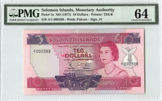 Solomon Islands Nd (1977) P - 7a Pmg Choice Unc 64 10 Dollars Low S/n 389