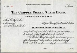 Cripple Creek State Bank Of Colorado,  Unissued,  Crisp Stock Certificate