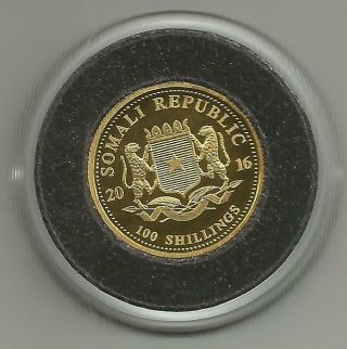 1/10 Oz.  999 Gold 2016 100 Shilling Somali Republic Gold Coin In Case