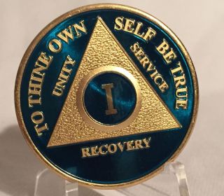 1 Year Blue Gold Plated Aa Chip Alcoholics Anonymous Medallion Coin Sobriety One