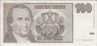 Yugoslavia Banknote P.  152 - 2850 100 Dinara 1996 Very Fine - Extremely Fine
