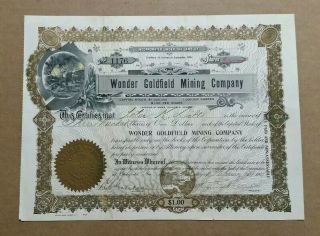 Wonder Goldfield Mining Co.  Arizona,  Stock Certificate,  1908