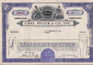 Stock Certificate Chas.  Pfizer & Co.  Inc. ,  Broker L.  F.  Rothschild & Co.  1959
