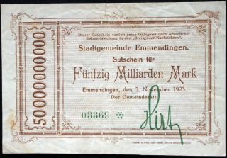 Emmendingen 1923 50 Billion Mark Inflation Notgeld German Banknote 50 Milliarden