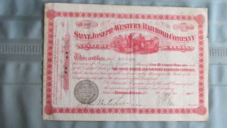1880 Saint Joseph & Western Railroad Company Stcck - Elwood Kansas - Issued - Signed