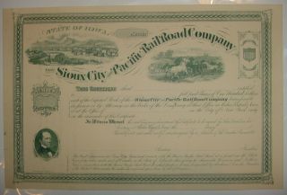 Sioux City & Pacific Railroad Company Stock Certificate Iowa Union Pacific Up