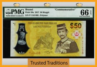 Tt Pk 39a 2017 Brunei 50 Ringgit " Polymer Commemorative " Pmg 66 Epq Gem Unc