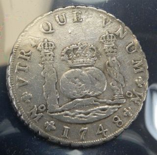 1748 Mo Mf Spanish Silver 8 Reales Pillar Coin Colonial Era