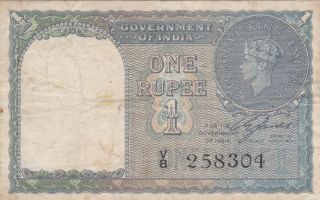 1 Rupee Fine Banknote From British India 1940 Pick - 25 Black Serial