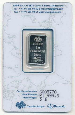 Pamp 5 Gram Fine 999.  5 Platinum Bar Suisse Certificate C005770