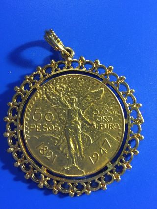 14k Yellow Gold Colored 1821 - 1947 50 Pesos Gold Coin With Bezel 2 " Round W/bezel