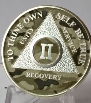 Camo & Silver Plated 2 Year Aa Chip Alcoholics Anonymous Medallion Coin Sobriety