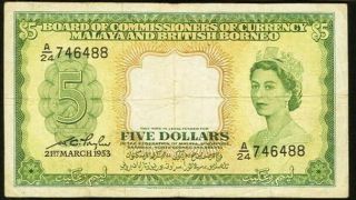 Malaya And British Borneo 1953 5 Dollars Serial Number A/24 746488